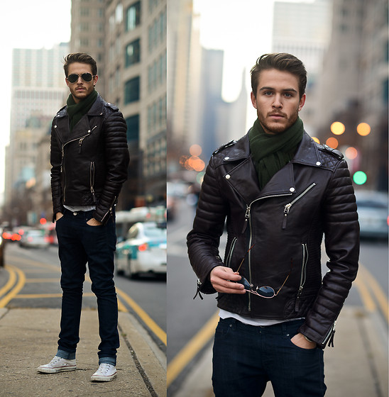 Leather Jacket, Scarf, Sunnies, White V Neck, Converse High Tops