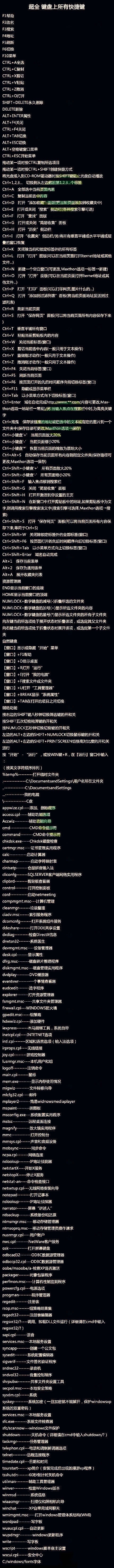 【史上最全的键盘快捷键】CTRL键，SHIFT键，ALT键，HOME键，END键，NUMLOCK键，WIN键，F1~F10，鼠标拖动，“开始”-“运行”……你肯定知道：CTRL+A全选，CTRL+C复制，CTRL+V粘贴，CTRL+Z撤消……但还有超多你还不知道的Windows快捷键。