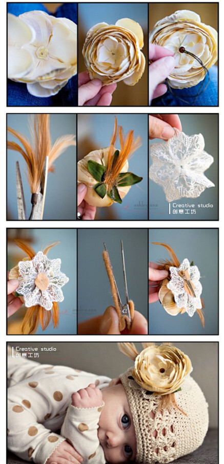 【手工课】教大家做一朵美丽的花，很简单，戴在毛线帽子或衣服上都很美，工序如图（一定要有小宝宝哦。）