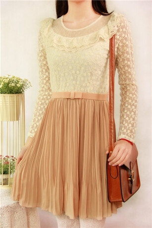 公主蕾丝花边镂空蝴蝶结收腰vintage雪纺百褶复古长袖连衣裙