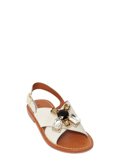 MARNI PONYSKIN SANDALS WITH JEWELED FLOWER