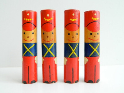 4 Vintage Painted Wood Toy Soldier Blocks