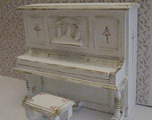 piano and stool, shabby chic white, dollhouse miniature, twelfth scale,