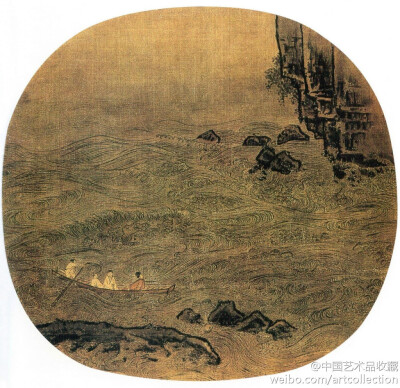 #山水画#【 南宋 李嵩 《赤壁图》 】团扇，绢本，水墨，淡设色，25×26.2cm，（美）堪萨斯市纳尔逊·艾京斯艺术博物馆藏。 图中暗礁石壁，以小斧劈皴擦，寓拙重沉凝于简括遒劲；漩流急浪，用锯齿描精绘细写，于装饰美…