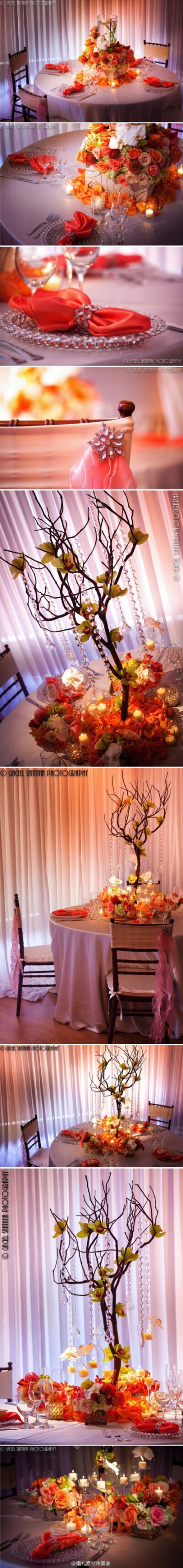 奢华的多层次橘色的桌花搭配，水晶、玻璃、烛光的华丽组合