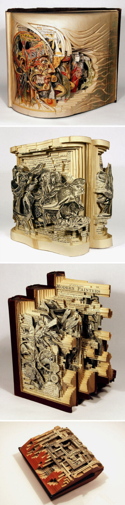 艺术家 Brian Dettme 通过精心的雕刻，将一本本书籍打造成艺术品。