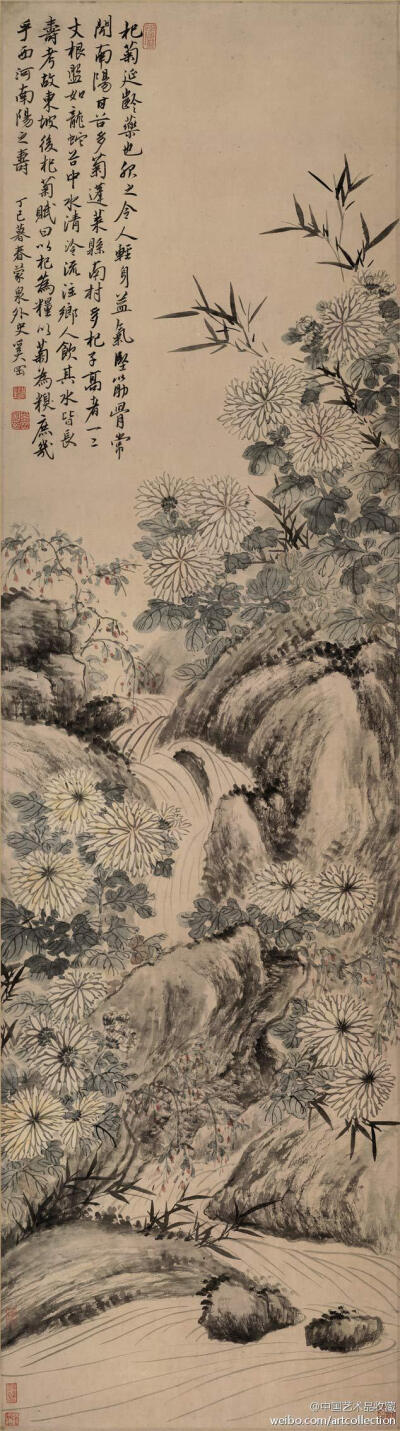 #西泠四家#【 清 奚冈 《竹菊图》 】轴，纸本设色，136.4×37.9cm，辽宁省博物馆藏。 奚冈（1746—1803），原名钢，字铁生，号萝龛，别署鹤渚生、蒙泉外史。清代著名篆刻家和画家。在篆刻上开创了浙派篆刻的阳刚之风…