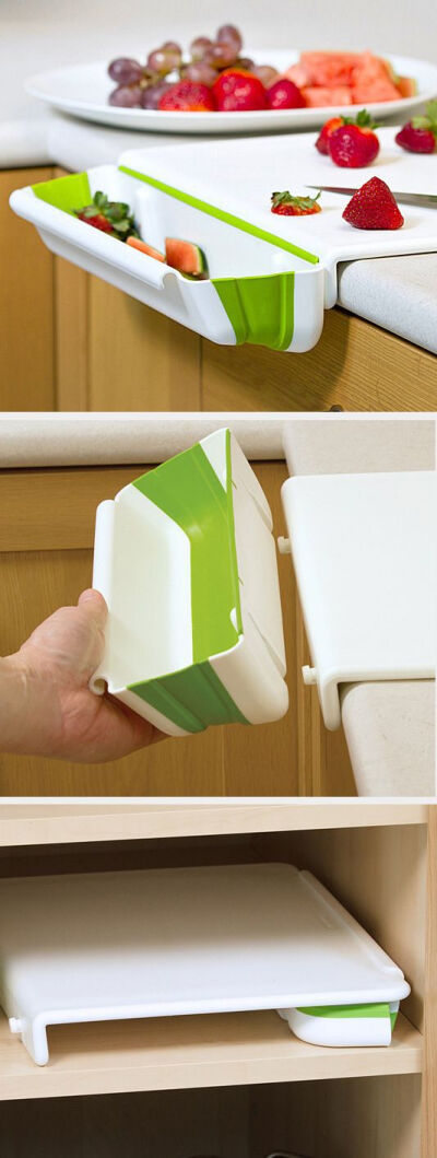 Cutting board with bin to catch scraps - stores flat