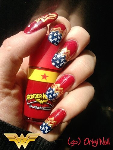 Wonder Woman nails! Omg I want these! To wear with Wonder Woman Underoos! I had a pair when I was 6 and I.remember how much I loved those things!!