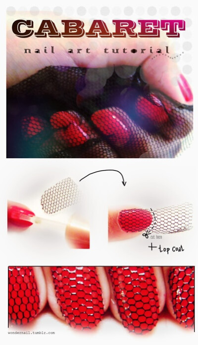 Cabaret Nail Tutorial... it bugs me that the fabric isn't going the same way on the nails in the photo though. but really cool idea