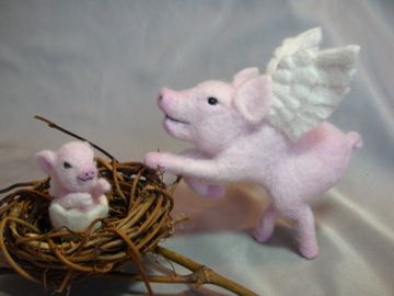 Needle Felted Flying Pig with Piglet by Laurie Valko