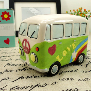 田园风绿色大巴士 原单手绘陶瓷 汽车储蓄罐 储钱罐 存钱罐