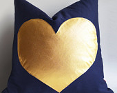 Sukan / Navy and Gold Pillows - white and gold pillow - Gold Foil Heart Pillow - heart shaped pillow online - gold heart pillow