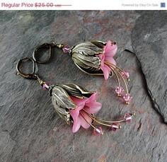 Valentines Day Sale Pink flower earrings, pink tulip earrings, beaded flower earrings, crystal earrings, dangle earrings, Jillian. via Etsy.