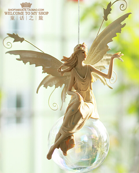 欧式花园天使花仙子家居饰品外贸铁艺树脂工艺品玻璃球小精灵挂件