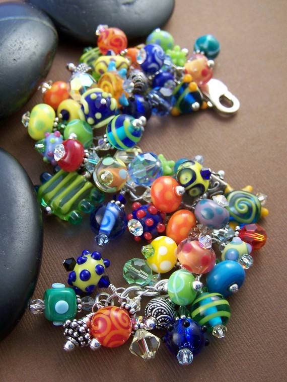 Fruit Salad Charm Bracelet - Lampwork Glass Bead and Sterling Loaded Charm