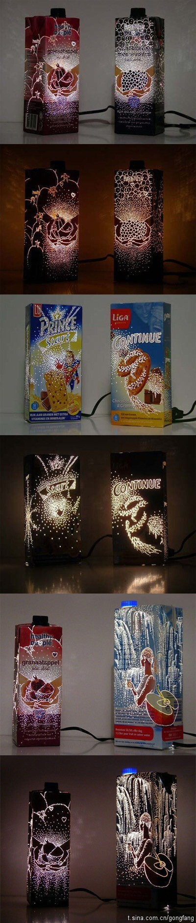 ★【食品包装盒灯】 Anke Weiss，一个才华横溢的荷兰艺术家 ，已经设计出了利用包装盒制造的漂亮的灯系列，看起来十分炫目和吸引眼球。