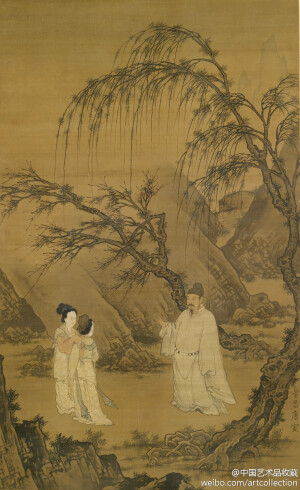 【 明 唐寅 《王献之休郗道茂续娶新安公主图》 】轴，绢本设色，162.2×99.3cm，美国沃尔特斯艺术博物馆藏。 郗道茂与王献之青梅竹马，为少年夫妻。新安公主对王献之仰慕已久，便离婚要求皇帝将其嫁给王献之。皇帝下旨让王献之休掉郗道茂，再娶新安公主。此图中描绘的正是这一历史典故。