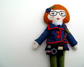 Fabric Doll with Glasses, Red Hair, Blue Coat and Camera