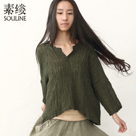 素缕souline 2014 春装 女装长袖麻罩衫女纯色套头衬衫 SL2108 芠