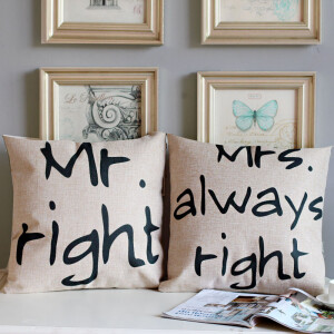 mrs always right！亚麻抱枕 情侣礼物 字母抱枕 靠垫 时尚设计