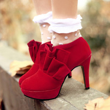 新品韩版红色结婚鞋甜美磨砂荷叶裙边女鞋大码超值