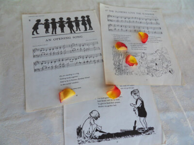 A set of three sheets of 1970s children's music with 1947 illustrations sutable for framing, decoupage, scrap books or card-making.