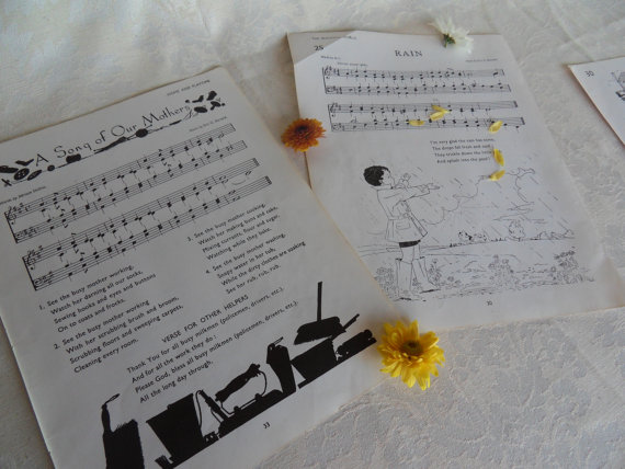 A set of three sheets of 1970s children's music with 1947 illustrations, perfect for framing as a gift, decoupage or card making.