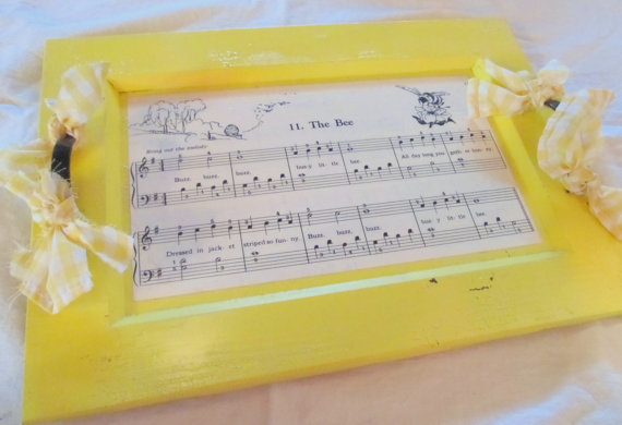 SERVING TRAY -- The Bee-- painted wood with vintage childrens piano primer sheet music