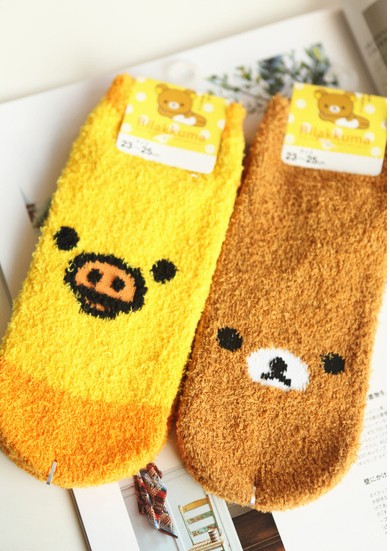 袜子双轻松熊小黄鸡珊瑚绒船袜毛巾袜短袜毛茸茸地板袜