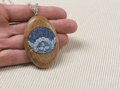 Wood and Fabric Pendant, Blue Denim, White Lace, Handcrafted, Oval Shaped, Necklace with Link Chain, Wood Jewelry (ADA-WP001)