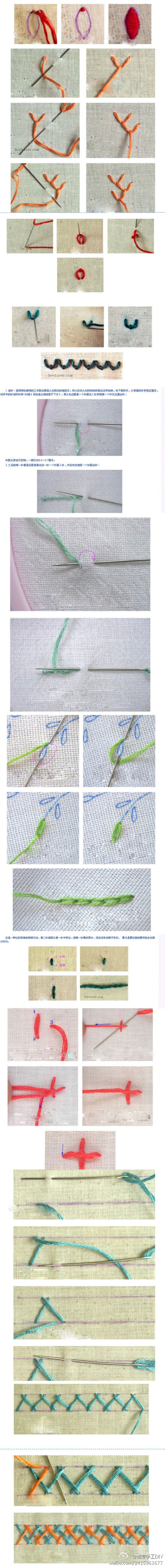 一些常用的刺绣小针法，喜欢的拿去。缎面绣、飞羽绣、花瓣绣、花边绣、茎绣、轮廓绣、链针绣的一个花瓣、链针绣、劈针绣、四腿结、人字绣、双色人字绣&amp;gt;&amp;gt;&amp;gt;更多奇思妙想尽在@创意手工DIY