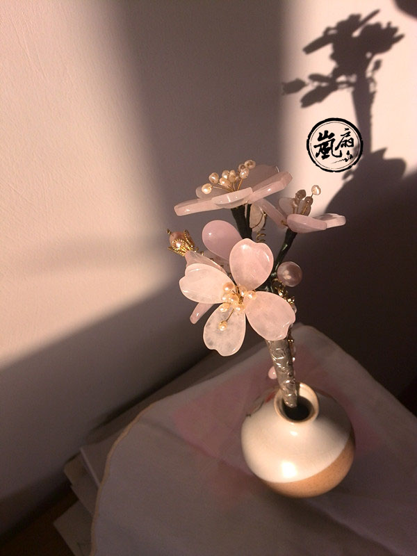 岚扇琉樱粉晶珍珠捷克琉璃灯火琉璃汉服步摇苗银簪玉簪花