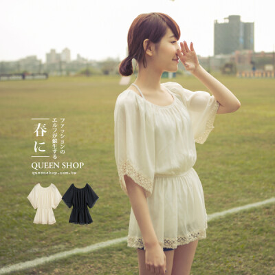 QUEENSHOP 2014春夏新品袖摆蕾丝宽领松紧雪纺衫01081652现+预