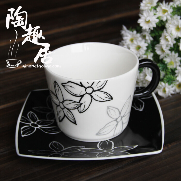 纪梵希givenchy陶瓷咖啡杯茶杯马克杯黑白杯碟创意小花杯日式陶瓷