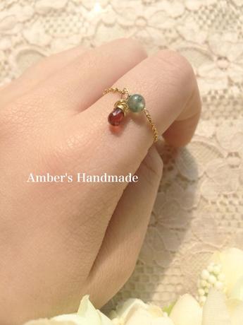 {Amber's Handmade}手作印度切面水滴石榴石草绿玛瑙包金戒指