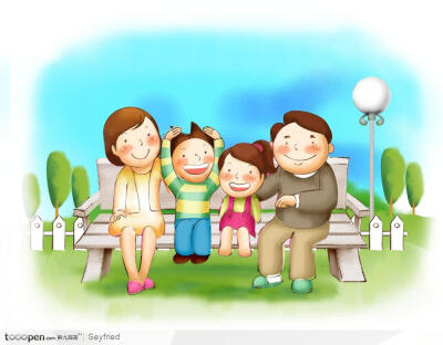 手绘家庭插画－坐在公园长椅上幸福的一家人