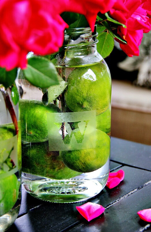 DIY Etched Monogram Mason Jars. Love the limes in the bottom of the bouquet!