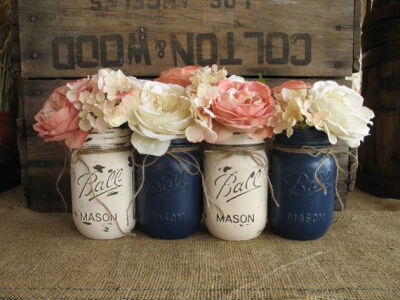 Mason Jars, Ball jars, Painted Mason Jars, Flower Vases, Rustic Wedding Centerpieces, Navy Blue And Creme Mason Jars