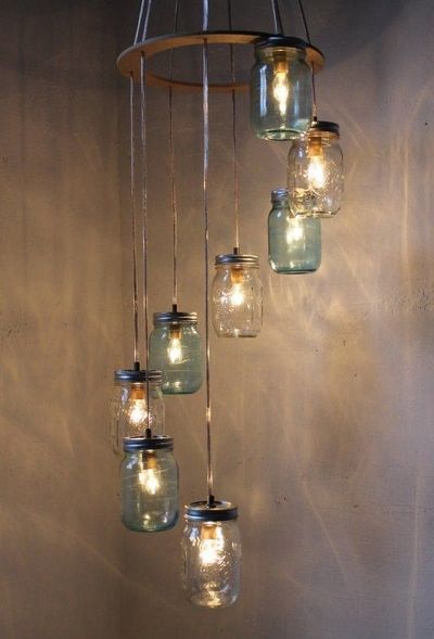 Mason Jar Lighting Mason Jar Chandelier / wedding - .. Do this with bubble lights/ clear Christmas ornaments and even a hula hoop