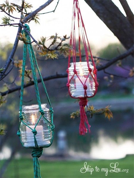 Make a Hanging Mason Jar Candle Holder- use mason jars and nylon cord or hemp twine with a candle inside