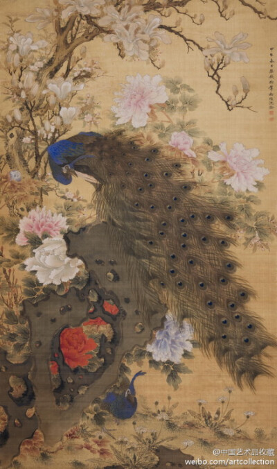 #工笔花鸟#【 清 沈铨 《孔雀玉兰牡丹图》 】立轴，绢本设色，145×84cm，1714年作。 沈铨（1682—1760）， 其画远师宋代黄家画派，近承明代吕纪，工写花卉翎毛，禽兽，设色妍丽，工致精丽、赋色浓艳，极尽构梁之巧。…