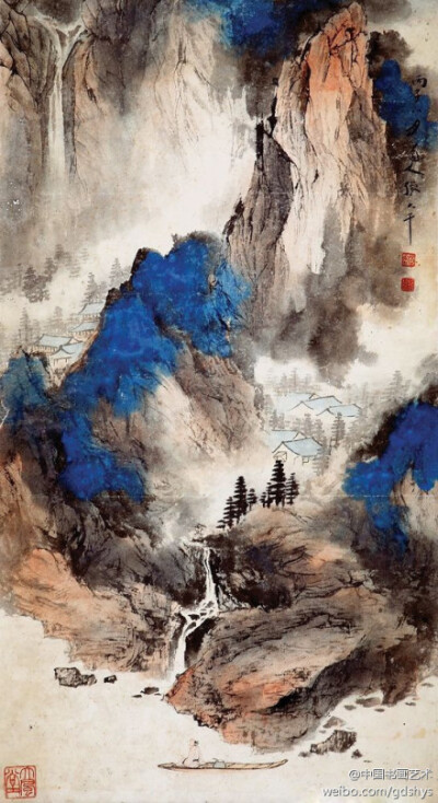 #国画#【 张大千《泼彩山水》】这幅山水画粗看满纸烟云，扑朔迷离，具有很强的抽象意味；细看则是山谷幽深、云气缭绕、万仞深涧。整幅画乍阴乍阳，冷暖相配，变化奇诡，显现出幽幽山谷的深不可测，使人感觉到一股清…