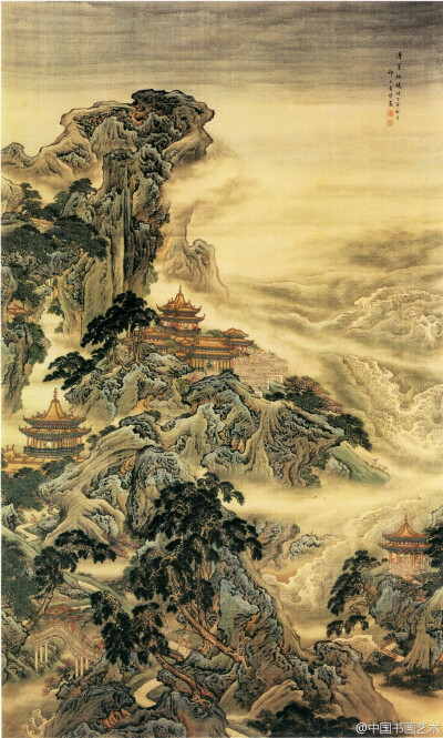 清 袁耀《蓬莱仙境图》【赏析】袁氏父子画蓬莱仙境作品很多，以本幅袁耀所作最为壮观。图中山形脉络皆有动势，突兀怪异；以鬼面皴法画出的山石奇形怪状，层次丰富?；鲅险墓钣胄畚岸挥卸械纳剿擅畹厝诤稀? data-iid=