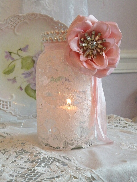 lace and pearls, mason jar, candle