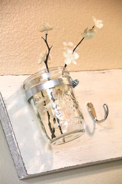 Great DIY bathroom hook idea. Plus a vase! I have so many mason jars lying around too.