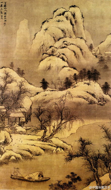 明 钟钦礼《雪溪放舟图》---《雪溪放舟图》是钟钦礼的代表作，画中表现的是渔人雪后在寒溪上放舟的情景。画面萧寒清幽，远处山峰积雪皑皑，山的轮廓用重墨线勾勒，树枝劲虬弯曲，层次分明，深得雪骨水韵之妙。绢本墨笔，现藏北京故宫博物院。