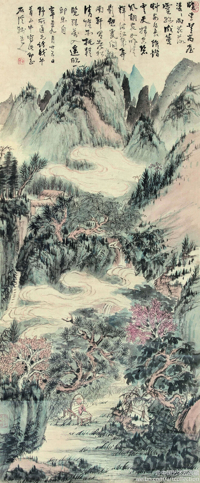 清 髡残 《秋江独钓》】立轴，纸本设色，106×44cm。 款识：旷望登高台，漫漫雨花落。灵迹成蔓草，安得长璀错。云天扫空碧，风期宛如昨。清晖满江城，弄影憩霞阁。南轩有老松，清阴亦托精。览胜万入遥，欣一邱乐自。辛丑九月廿五日，野所道兄访我牛首山中，写此即正。石溪残道人