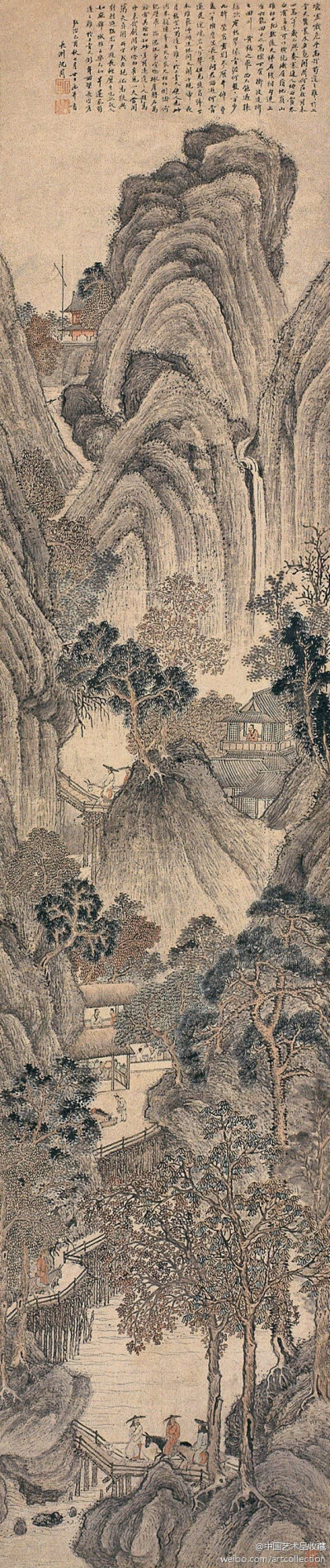 明 沈周 《溪山晚照图》】纸本，239×51cm，1489年作。画面下方写踱驴旅者四人，窄径远道，依山而凿，百步九折，乃有旅栈，童子饲驾，行者且歇，上有&amp;quot;连峰去天不盈尺&amp;quot;，夹道&amp;quot;枯松倒挂倚绝…