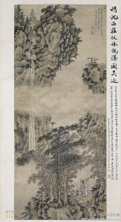 【 明 沈贞 《秋林观瀑图》】立轴，纸本设色，143××61cm，苏州市博物馆藏。 此图描绘高耸突兀的山峰上，溪水从山顶上的密林间跌宕而出，在前川化为瀑布，穿过云端，直挂而下。山腰和山谷之间，云雾笼罩。画中笔法秀…